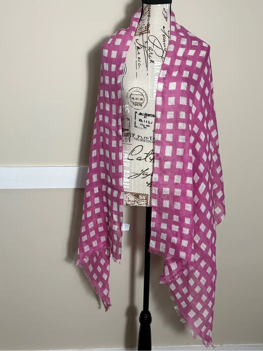 Donna Gorman Inc Linen Pink White Check Scarf Wrap Shawl Made in India